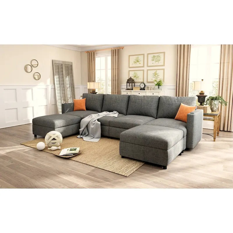 Grey 123 U-Shaped Modular 4-Seat Sectional Sofa with Storage Ottomans