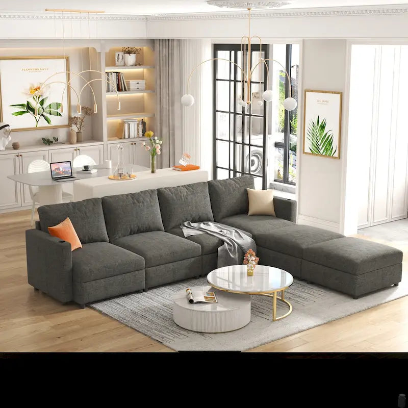 Grey 123 U-Shaped Modular 4-Seat Sectional Sofa with Storage Ottomans