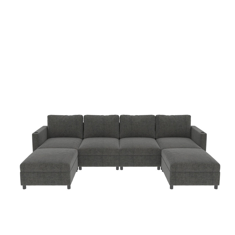 Grey 123 U-Shaped Modular 4-Seat Sectional Sofa with Storage Ottomans