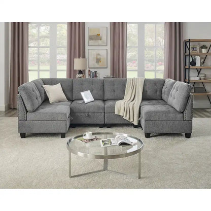 Grey 116 U-Shaped 6-Seat Modular Sectional Sofa with Four Individual Chairs and Two Corner Pieces, Includes Storage Options