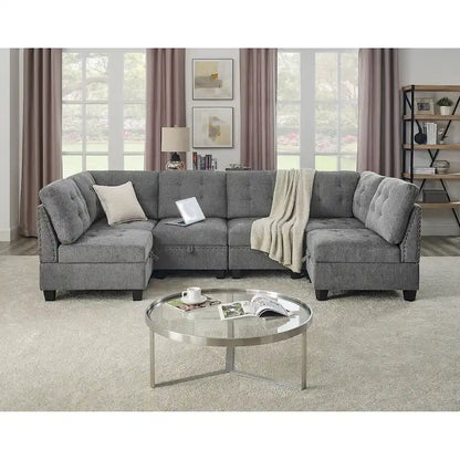 Grey 116 U-Shaped 6-Seat Modular Sectional Sofa with Four Individual Chairs and Two Corner Pieces, Includes Storage Options