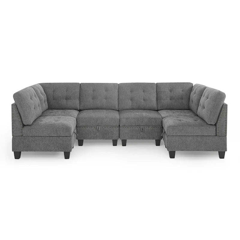 Grey 116 U-Shaped 6-Seat Modular Sectional Sofa with Four Individual Chairs and Two Corner Pieces, Includes Storage Options