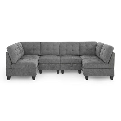 Grey 116 U-Shaped 6-Seat Modular Sectional Sofa with Four Individual Chairs and Two Corner Pieces, Includes Storage Options