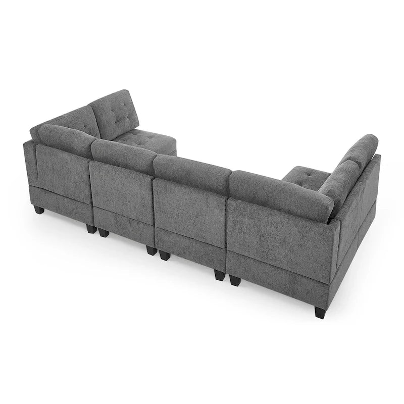 Grey 116 U-Shaped 6-Seat Modular Sectional Sofa with Four Individual Chairs and Two Corner Pieces, Includes Storage Options