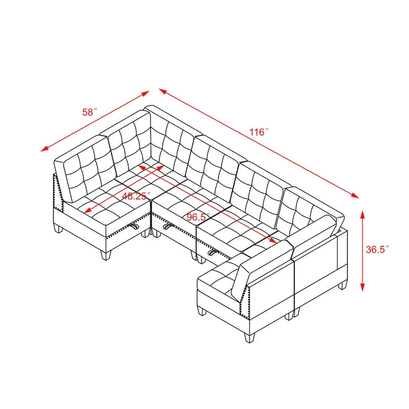 Grey 116 U-Shaped 6-Seat Modular Sectional Sofa with Four Individual Chairs and Two Corner Pieces, Includes Storage Options