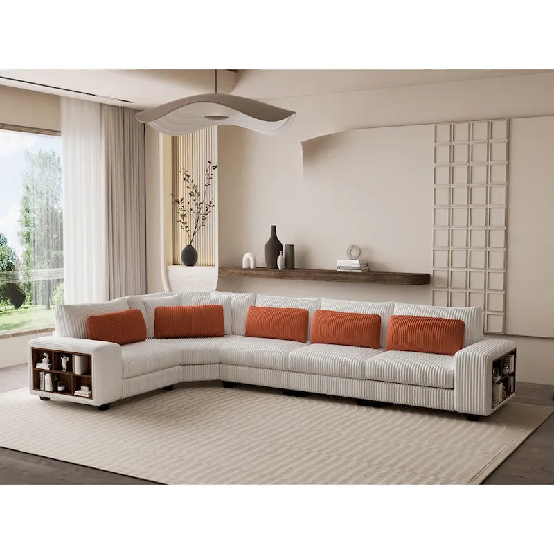 142 L-Shaped 5-Seater Modular Sectional Sofa with Pillow, Wooden Armrests, and Versatile Storage Shelves