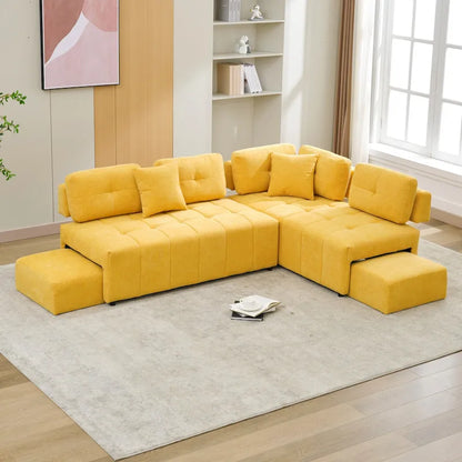 91.73 L-Shaped 4 Seater Sectional Sofa with 2 Hidden Stools, 2 Removable Lumbar Pillows, and Durable Chenille Upholstery