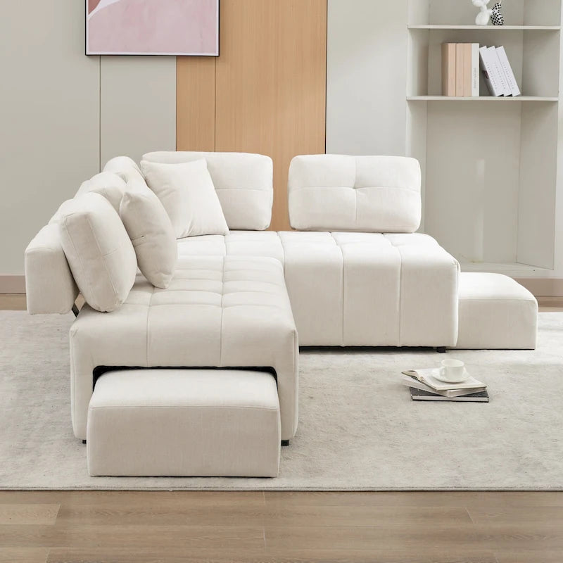 91.73 L-Shaped 4 Seater Sectional Sofa with 2 Hidden Stools, 2 Removable Lumbar Pillows, and Durable Chenille Upholstery