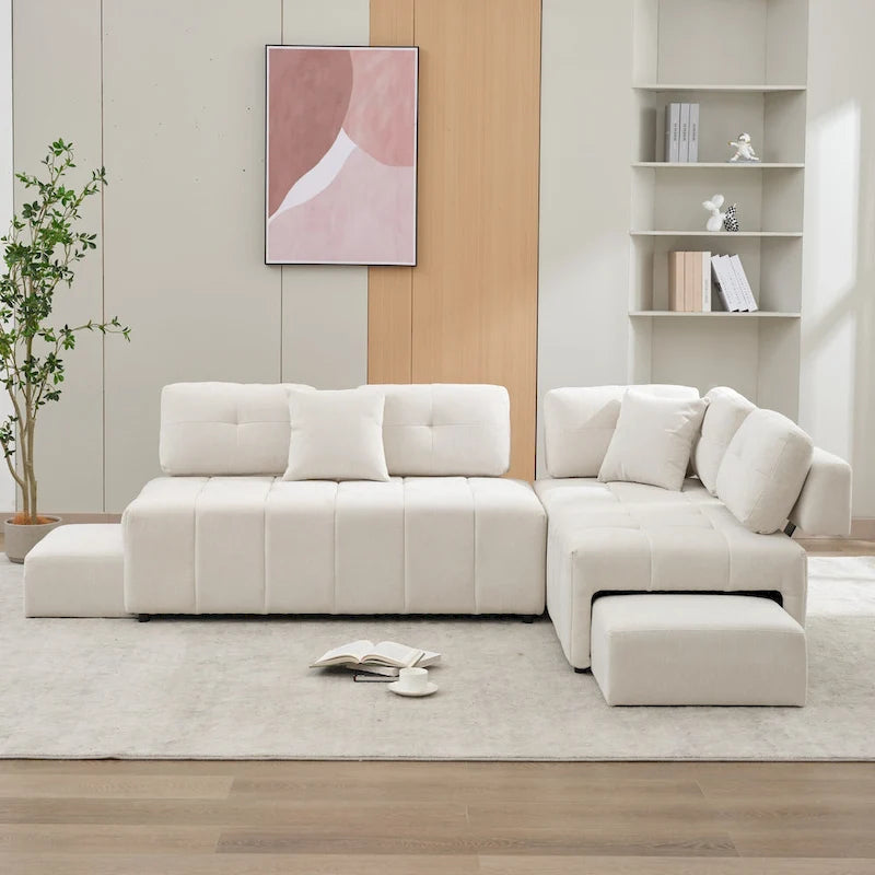 91.73 L-Shaped 4 Seater Sectional Sofa with 2 Hidden Stools, 2 Removable Lumbar Pillows, and Durable Chenille Upholstery