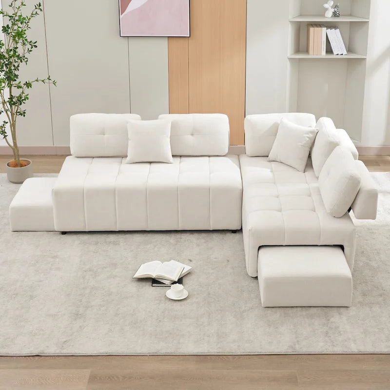 91.73 L-Shaped 4 Seater Sectional Sofa with 2 Hidden Stools, 2 Removable Lumbar Pillows, and Durable Chenille Upholstery
