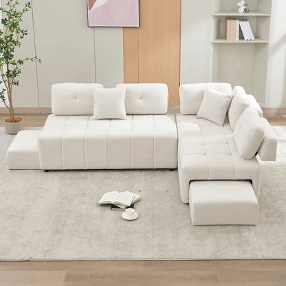 91.73 L-Shaped 4 Seater Sectional Sofa with 2 Hidden Stools, 2 Removable Lumbar Pillows, and Durable Chenille Upholstery