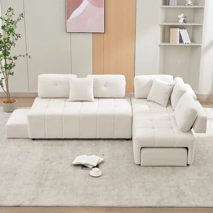 91.73 L-Shaped 4 Seater Sectional Sofa with 2 Hidden Stools, 2 Removable Lumbar Pillows, and Durable Chenille Upholstery