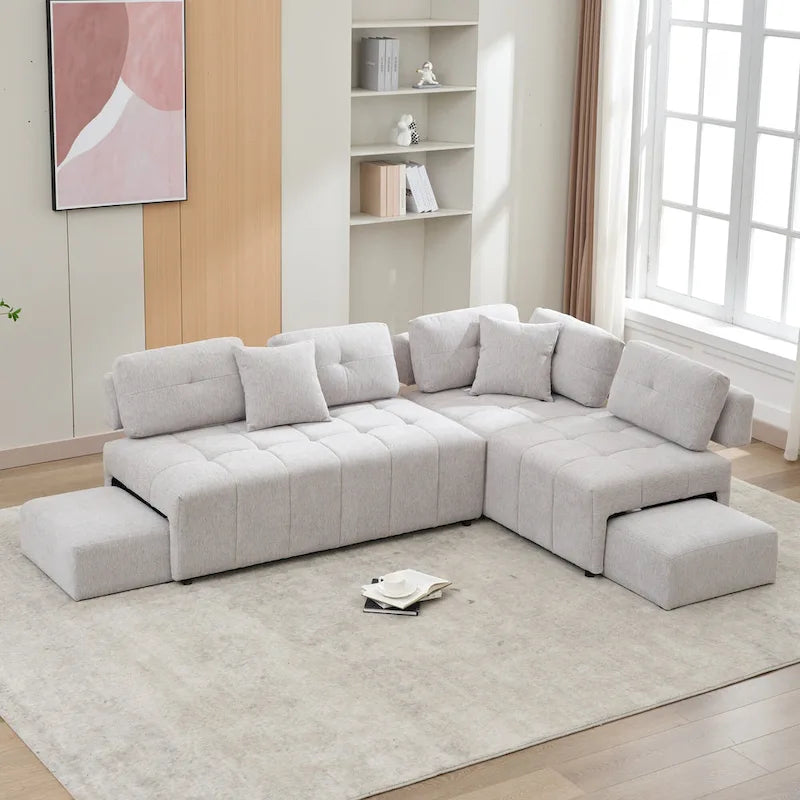 91.73 L-Shaped 4 Seater Sectional Sofa with 2 Hidden Stools, 2 Removable Lumbar Pillows, and Durable Chenille Upholstery