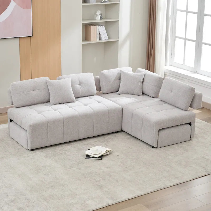 91.73 L-Shaped 4 Seater Sectional Sofa with 2 Hidden Stools, 2 Removable Lumbar Pillows, and Durable Chenille Upholstery