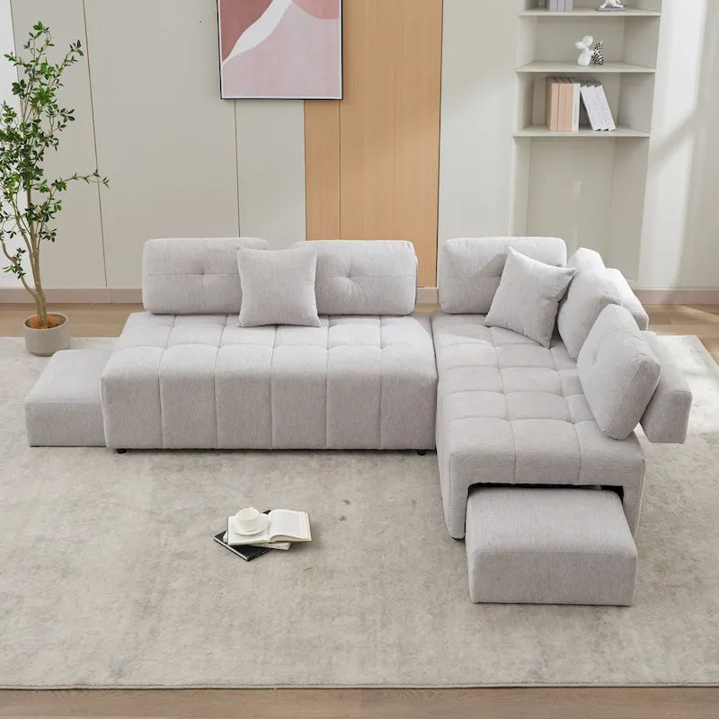 91.73 L-Shaped 4 Seater Sectional Sofa with 2 Hidden Stools, 2 Removable Lumbar Pillows, and Durable Chenille Upholstery