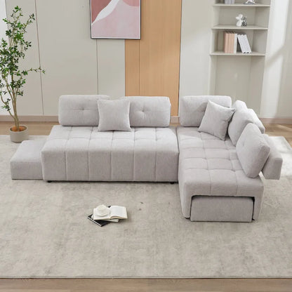 91.73 L-Shaped 4 Seater Sectional Sofa with 2 Hidden Stools, 2 Removable Lumbar Pillows, and Durable Chenille Upholstery