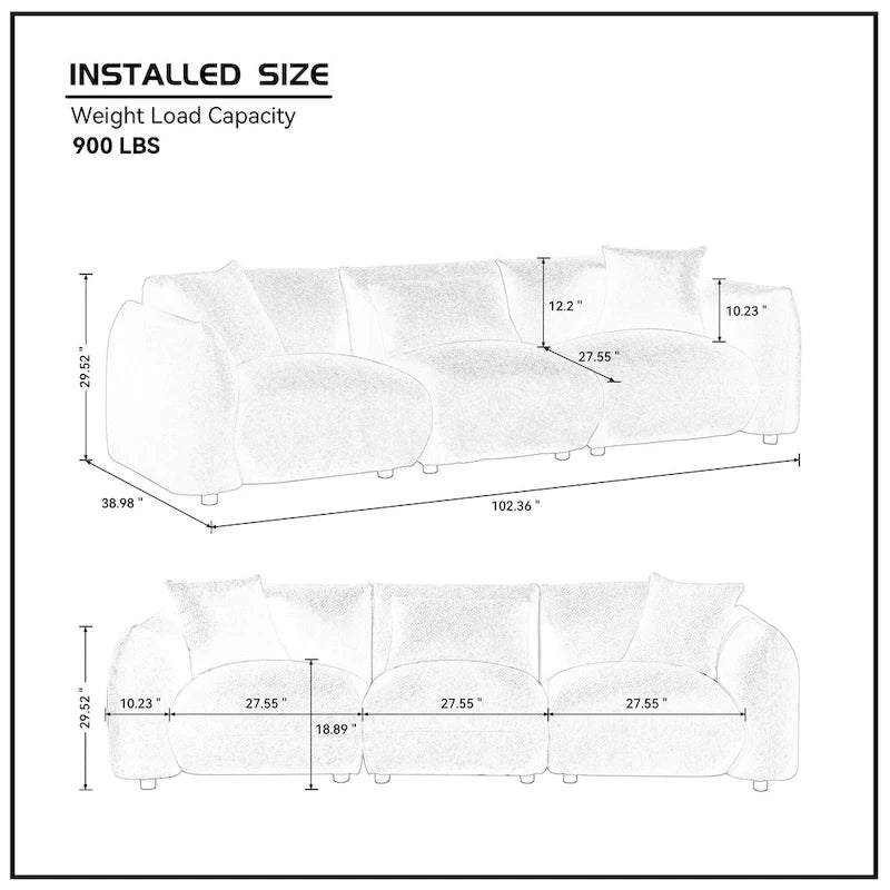Mid Century Modern 102.36 Boucle Upholstered 3-seater Sofa with Pillows for Livingroom