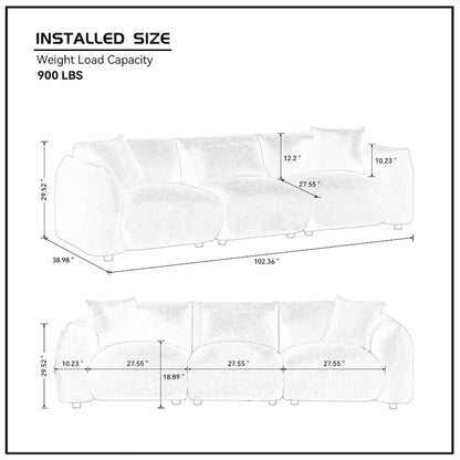 Mid Century Modern 102.36 Boucle Upholstered 3-seater Sofa with Pillows for Livingroom
