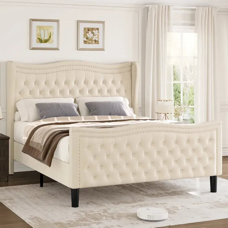 Modern Velvet Platform Bed with Upholstered Headboard