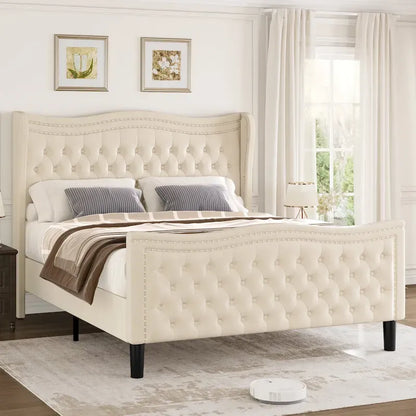 Modern Velvet Platform Bed with Upholstered Headboard