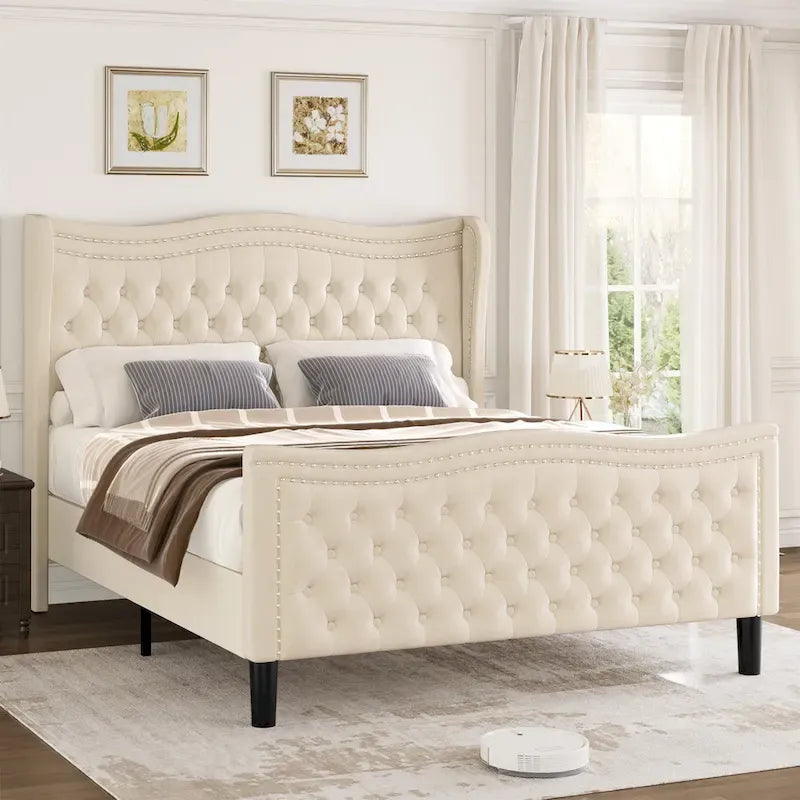 Modern Velvet Platform Bed with Upholstered Headboard