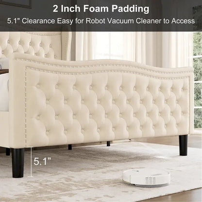 Modern Velvet Platform Bed with Upholstered Headboard