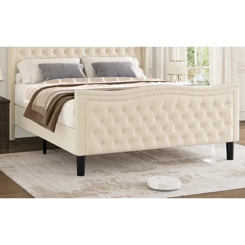 Modern Velvet Platform Bed with Upholstered Headboard