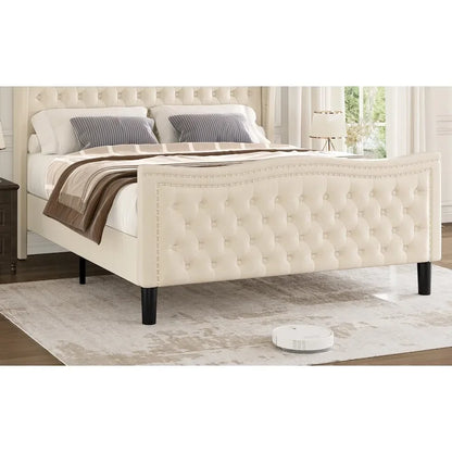 Modern Velvet Platform Bed with Upholstered Headboard