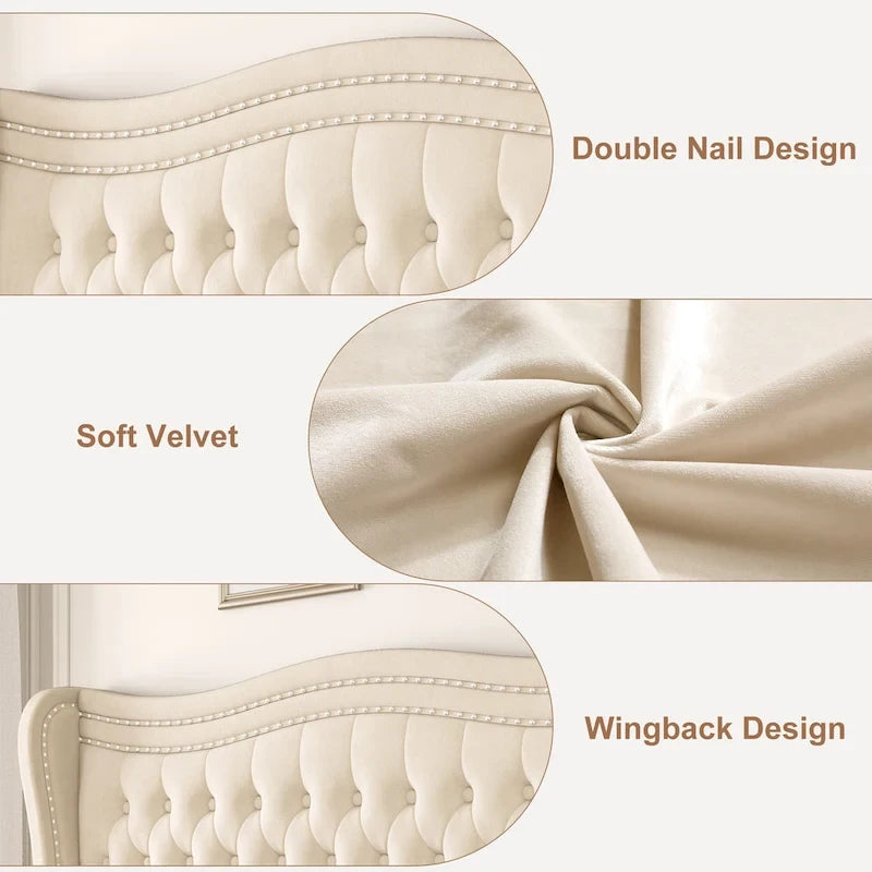 Modern Velvet Platform Bed with Upholstered Headboard