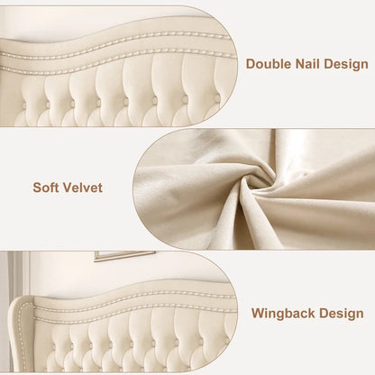 Modern Velvet Platform Bed with Upholstered Headboard