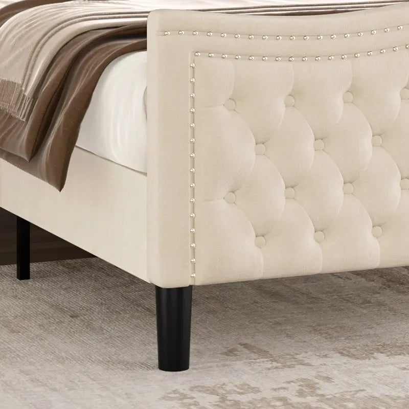 Modern Velvet Platform Bed with Upholstered Headboard