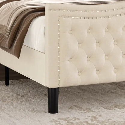 Modern Velvet Platform Bed with Upholstered Headboard