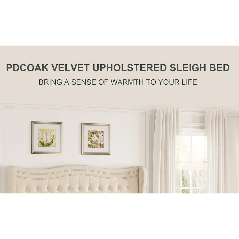 Modern Velvet Platform Bed with Upholstered Headboard