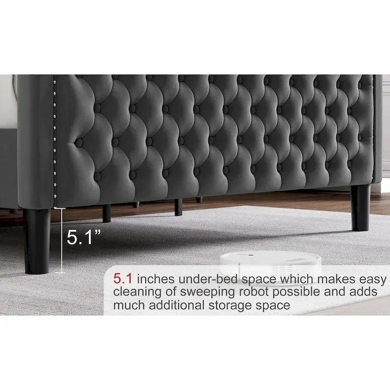 Modern Velvet Platform Bed with Upholstered Headboard