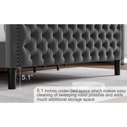 Modern Velvet Platform Bed with Upholstered Headboard