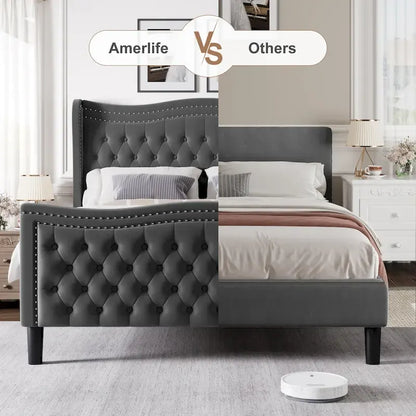 Modern Velvet Platform Bed with Upholstered Headboard