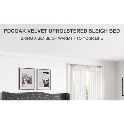 Modern Velvet Platform Bed with Upholstered Headboard