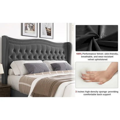 Modern Velvet Platform Bed with Upholstered Headboard
