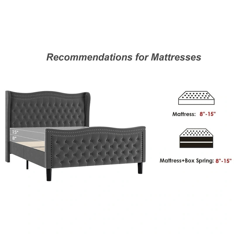 Modern Velvet Platform Bed with Upholstered Headboard