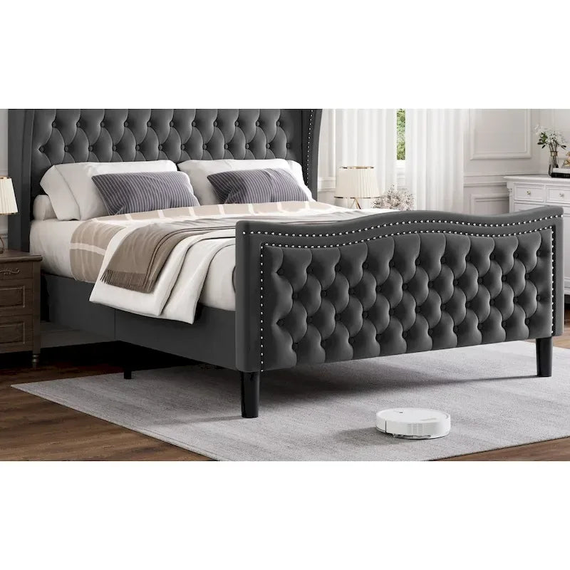 Modern Velvet Platform Bed with Upholstered Headboard