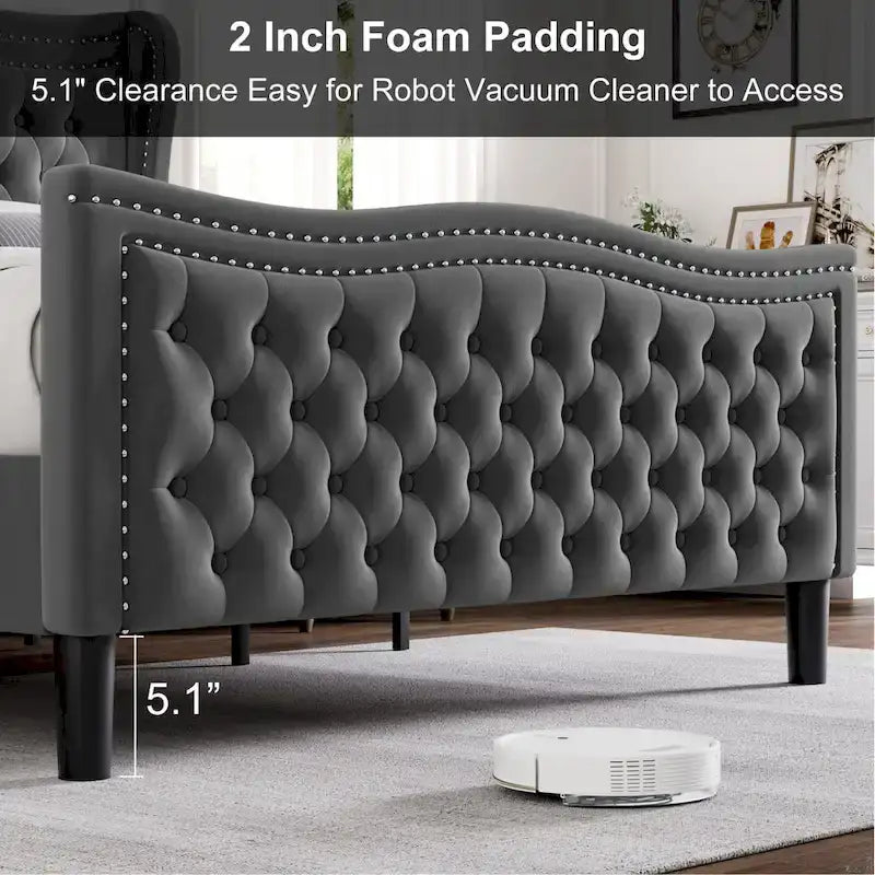 Modern Velvet Platform Bed with Upholstered Headboard