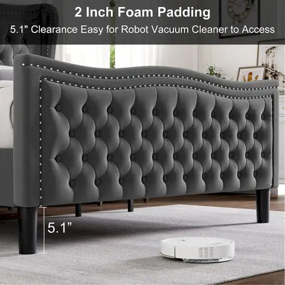Modern Velvet Platform Bed with Upholstered Headboard