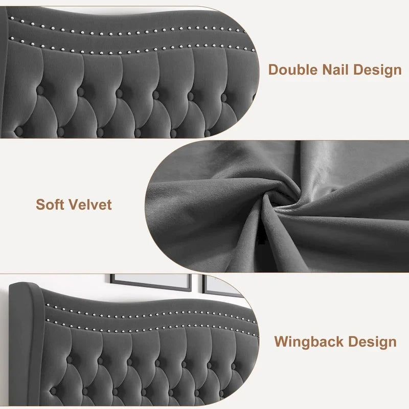 Modern Velvet Platform Bed with Upholstered Headboard