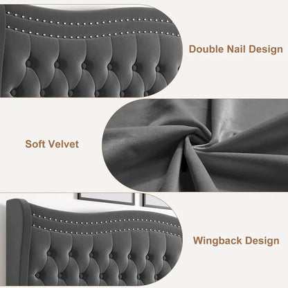 Modern Velvet Platform Bed with Upholstered Headboard