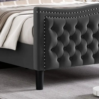 Modern Velvet Platform Bed with Upholstered Headboard
