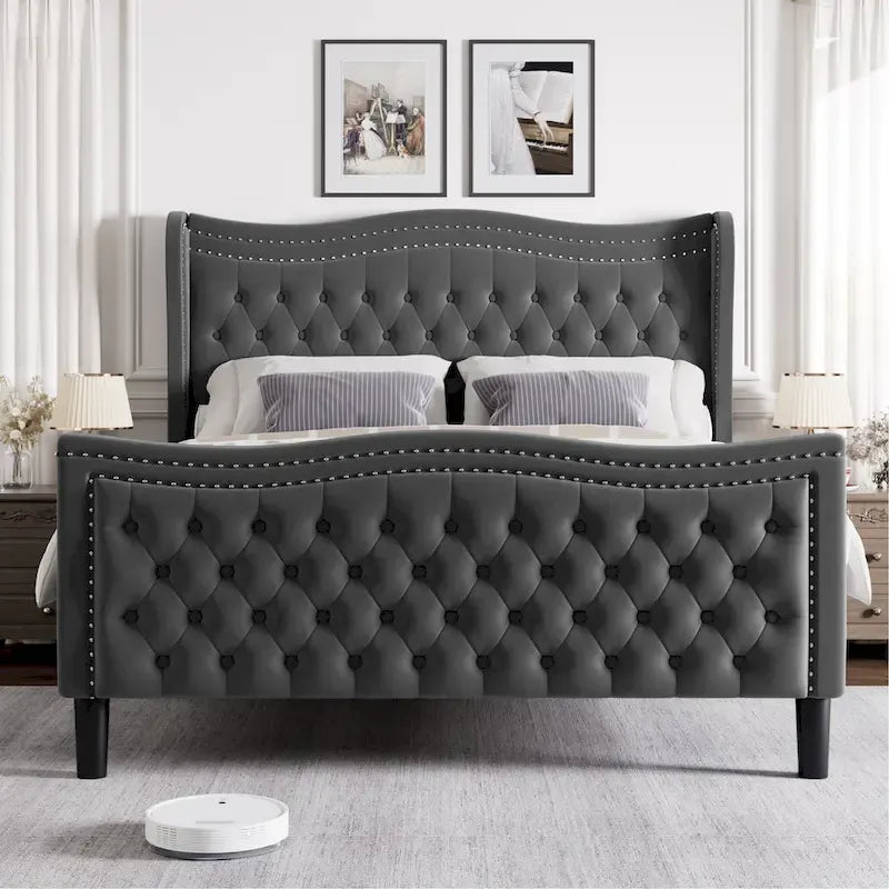 Modern Velvet Platform Bed with Upholstered Headboard