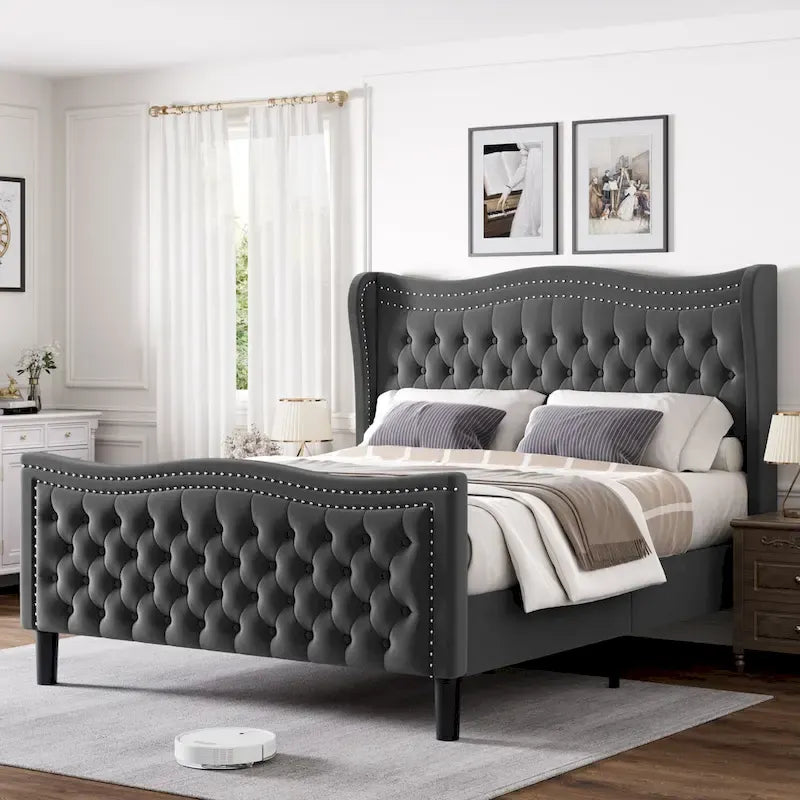 Modern Velvet Platform Bed with Upholstered Headboard