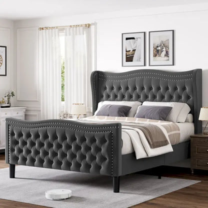 Modern Velvet Platform Bed with Upholstered Headboard
