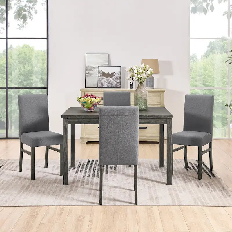 Rustic Style 5-Piece Dining Set with Rectangular Small Space Table and 4 Upholstered Dining Chairs