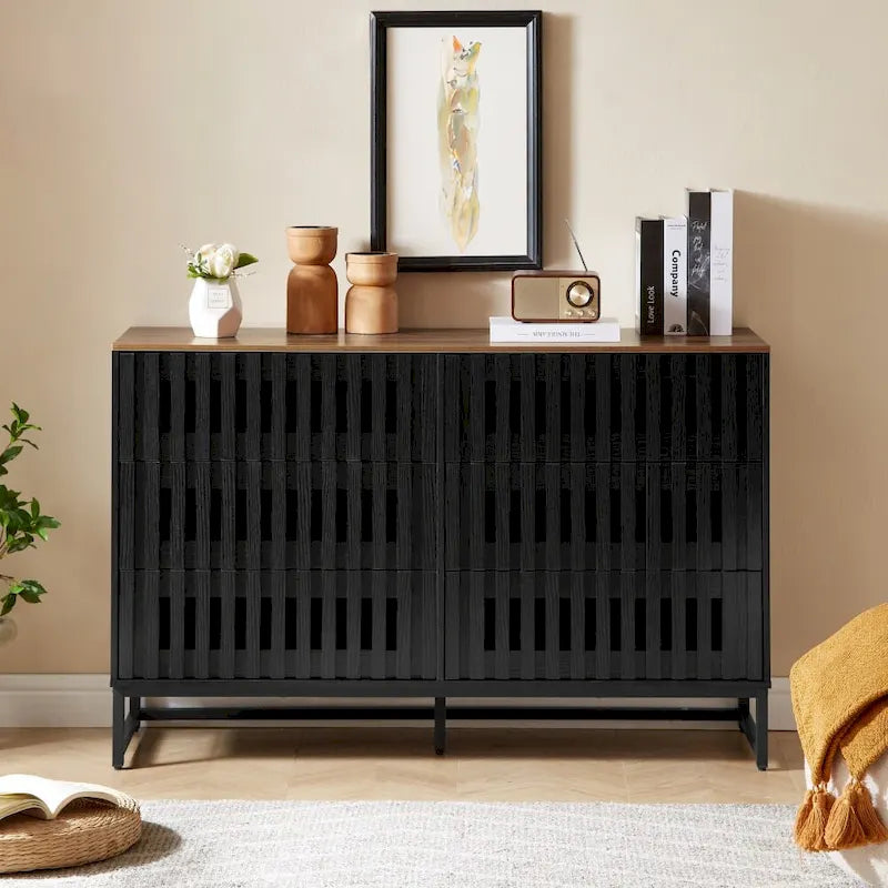 Modern Storage Cabinet with Grille Striped Doors and 6 Drawers for Living Room